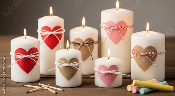 Obraz Burning Candles with Hearts with Love  Romance Decor.
