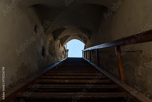 Fototapeta Old Wooden Staircase in Historic Building with Arched Ceiling and Light at the End