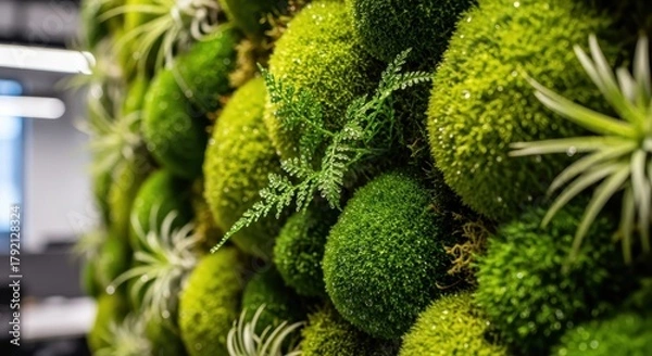 Fototapeta Close up of a green moss wall with plants in a modern office space