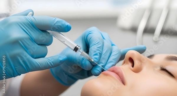 Fototapeta Hands administering dental Botox injection into patient’s facial muscles, clinical setting, soft natural light, shallow depth of field, highly detailed medical procedure. 