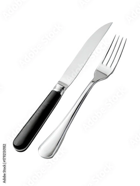 Fototapeta Knife and fork, angled, silver/black, dining flatware on black