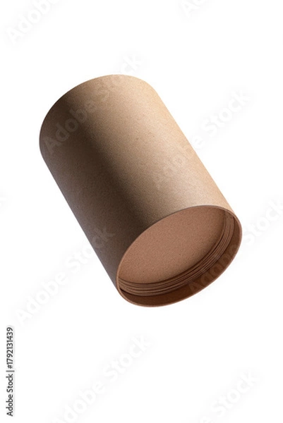 Fototapeta Angled, open cardboard tube in brown tones against solid black back