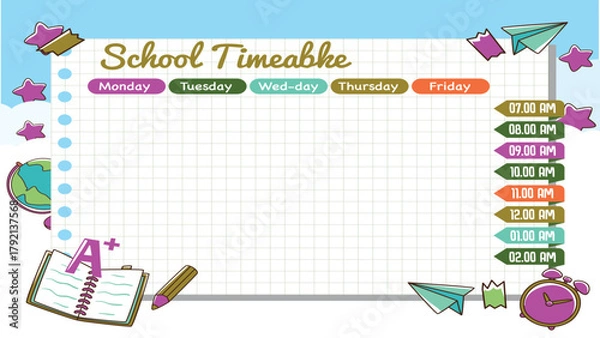 Fototapeta Creative school timetable template vector design featuring hand-drawn classical school elements such as books, pencils, rulers, clocks, backpacks, paint brushes, and paper sheets.