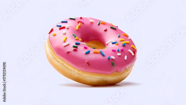Fototapeta Delicious donut with pink frosting and colorful sprinkles isolated on white background, a sweet treat perfect for indulging in a sugary delight