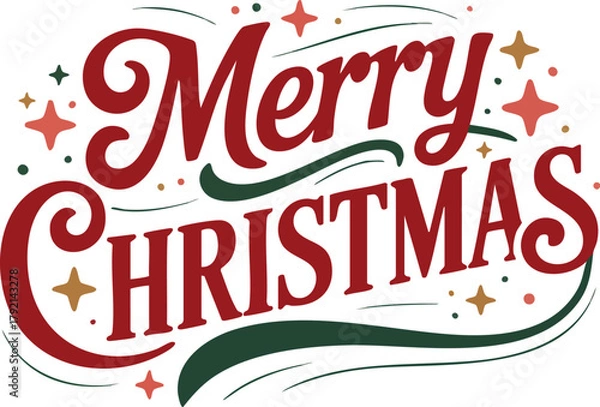 Fototapeta Merry Christmas Hand Lettering Design, Holiday Typography with Stars and Swirls, Red and Green Festive Merry Christmas Text, Vintage Style Christmas Greeting Illustration