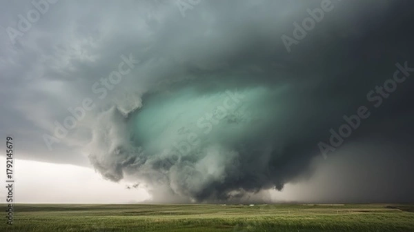 Fototapeta Storm clouds, massive and teal - hued, over a green prairie, wide - angle view