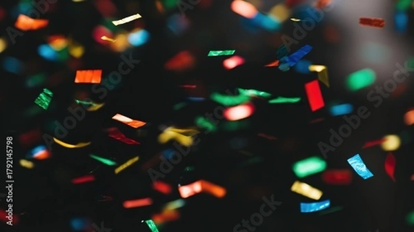 Fototapeta Colorful confetti, vibrant and floating, against a dark background, close - up view, copy space