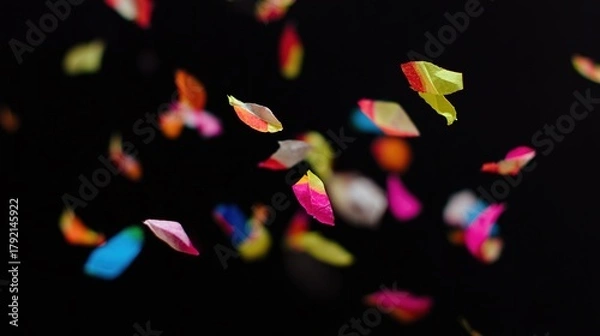 Fototapeta Colorful confetti, vibrant and floating, against a black background, close - up view, copy space