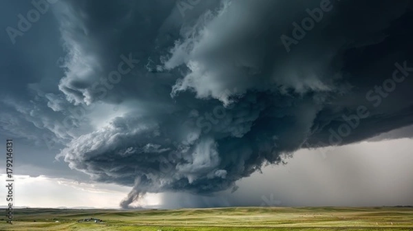 Fototapeta Tornado - forming storm clouds, dark and massive, over a green prairie with a winding road, wide - angle view