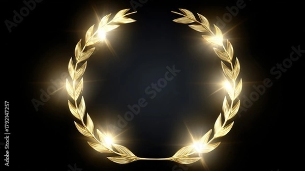 Fototapeta Golden laurel wreath, glowing with sparkles, against a dark background, circular frame, copy space