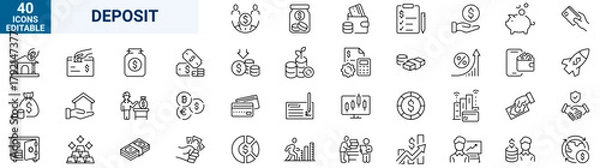 Fototapeta Deposite investment web icons in line style. income, money, business. Outline icon collection. Editable stroke. Vector illustration