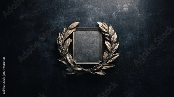 Fototapeta Vintage laurel wreath with plaque, aged and metallic, on a dark textured background, centered view, copy space