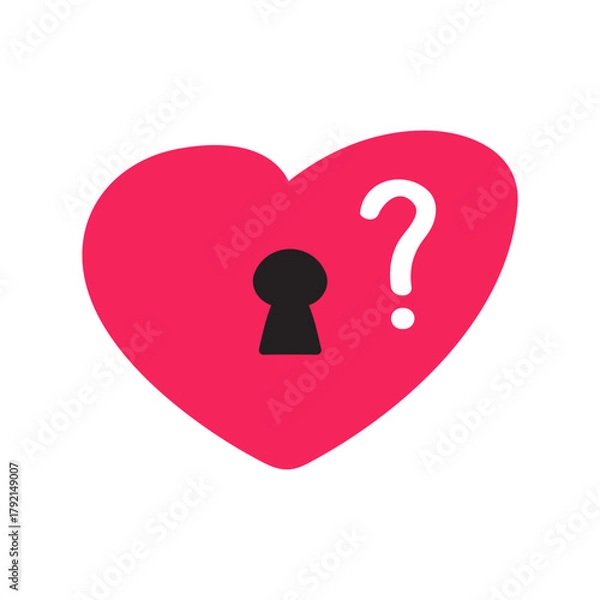 Fototapeta Heart Lock Mystery. Minimal vector illustration of red heart with keyhole and question mark. Simple romantic secret concept.