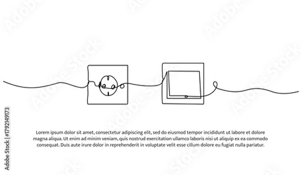 Obraz Set of light switches and electric plug one line. Electronic tools. Abstract minimal continuous line isolated on white background.