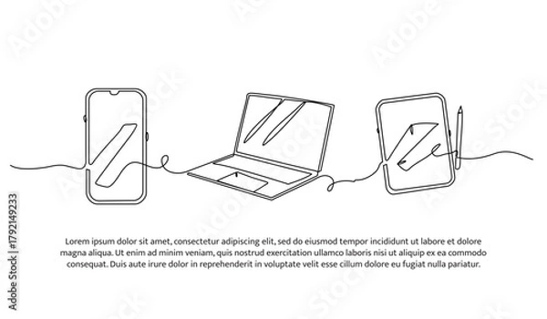 Obraz Set of phone,laptops,tablets and pens one line. Electronic tools. Abstract minimal continuous line isolated on white background.
