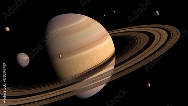 Obraz A stunning 3d rendering of the planet saturn with its iconic rings and several moons orbiting in the vast expanse of outer space