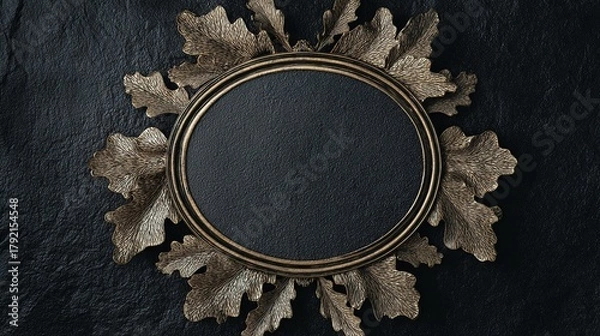 Fototapeta Ornate golden frame, oval with leafy details, on a dark textured background, centered view, copy space