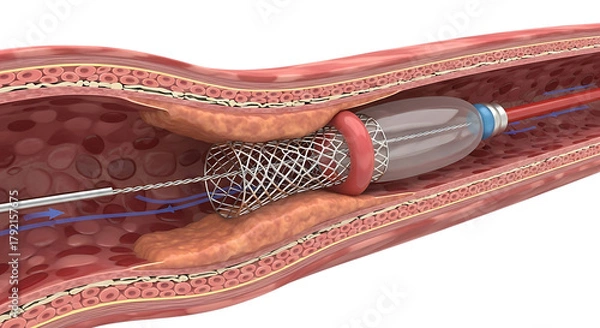 Fototapeta Coronary Stenting Process Inside of a Coronary Blood Vessel to open Plaque Blockage