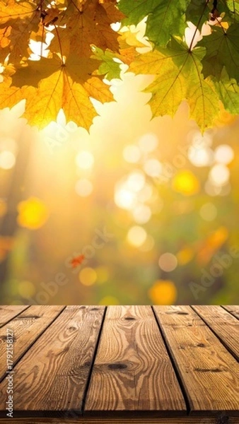 Fototapeta Bright autumn leaves frame a sunlit wooden table scene