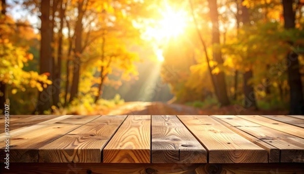 Fototapeta Table view of bright autumn forest path, sun streaming through