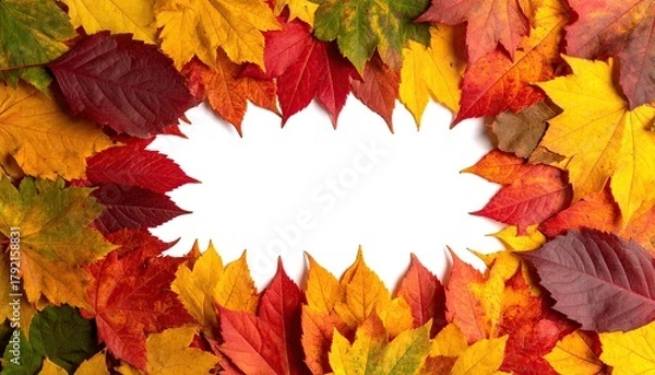 Fototapeta Colorful autumn leaves frame a white center