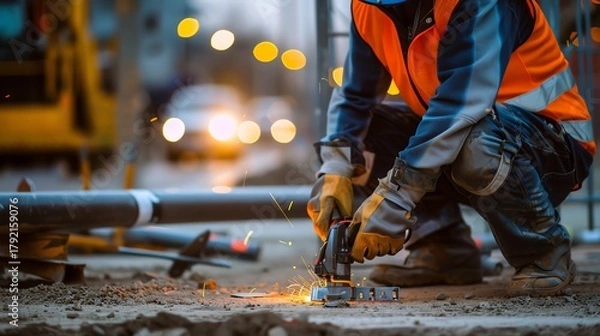 Obraz Construction worker welding in urban environment.