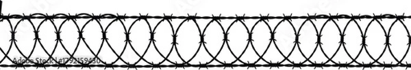 Fototapeta Barbed wire fence, razor wire loops, security barrier, prison perimeter, sharp metal coils, restricted zone, danger, protection, deterrent, safety