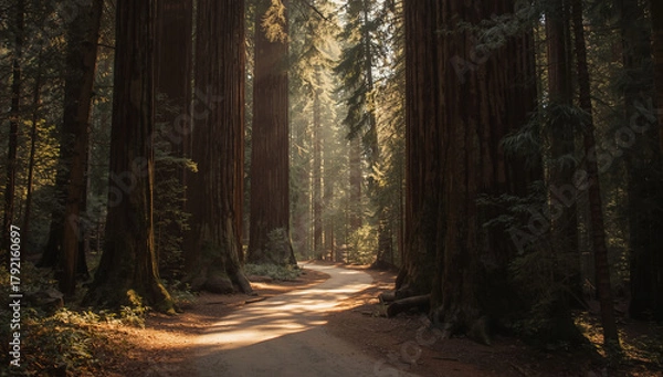Fototapeta Sunlight streams through giant redwood trees illuminating a winding forest path, inviting peaceful exploration and nature connection.