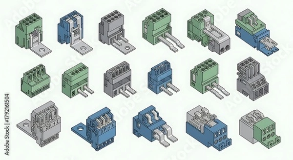 Obraz Isometric View of Various Terminal Blocks for Electrical Connections.