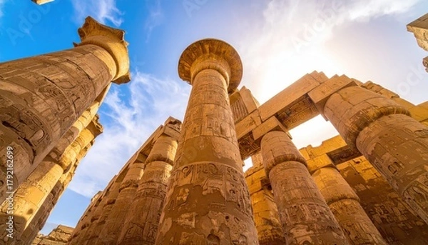 Fototapeta Ancient temple columns soar against blue sky, sunlight