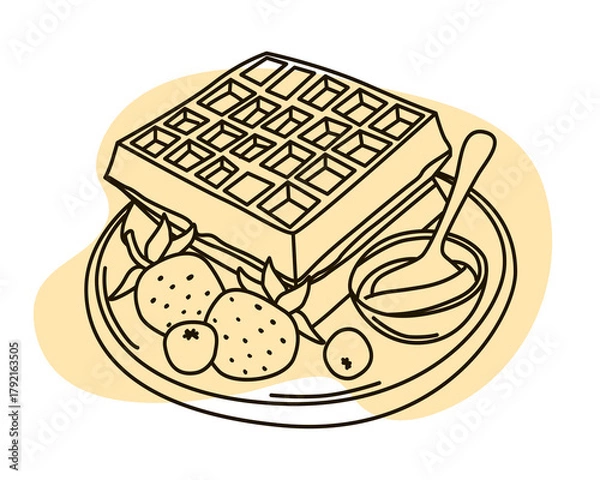 Fototapeta Vector illustration depicting a delicious waffle served on a plate with fresh strawberries and a spoon of honey. The design emphasizes a sweet breakfast or dessert concept.
