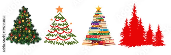 Fototapeta Compilation of four distinct christmas tree illustrations: decorated, stylized, book stack, and silhouette