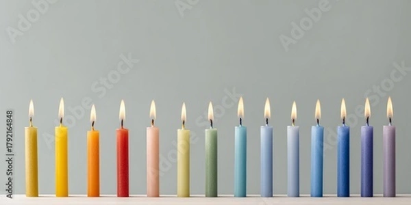 Fototapeta Colorful Hanukkah candles arranged in rainbow order on soft background