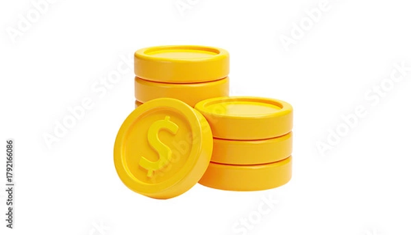 Fototapeta Three stacks of golden coins, one individual coin faces the viewer