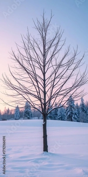 Fototapeta Bare winter tree standing starkly against a snow-covered landscape,  landscape, nature