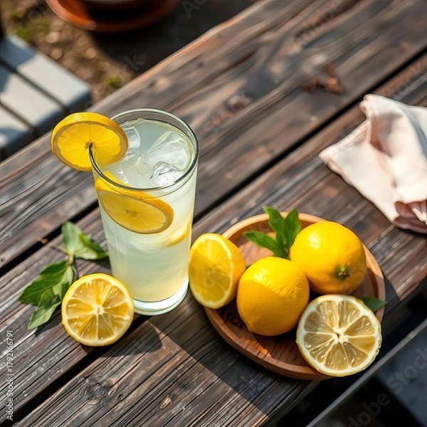 Obraz Lemonade or lemon cocktail takeaway iced tea on rustic table, healthy meal snack, outdoor top view with copy space,  cocktail,  copy space