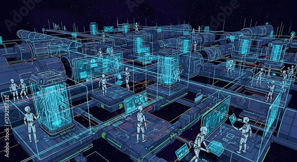 Obraz Futuristic cityscape with robots interacting with holographic displays and complex network infrastructure.