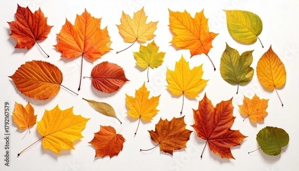 Fototapeta Autumn leaves assortment of colorful foliage on white