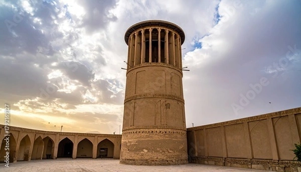 Fototapeta Tall tower with columns, building, and sky