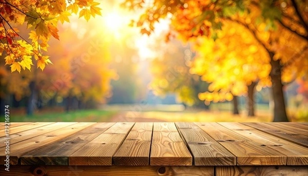 Fototapeta Autumn landscape with wooden table and colorful foliage