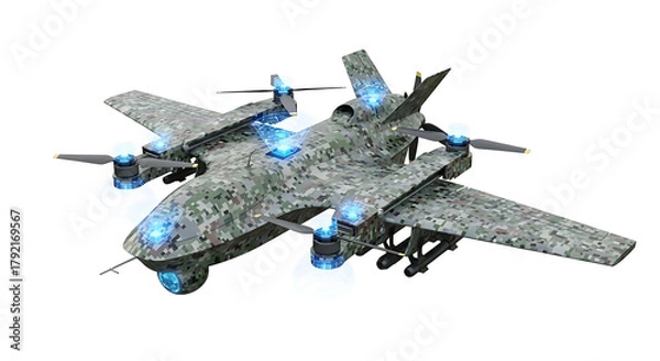 Obraz A futuristic military drone with camouflage design and glowing blue lights.