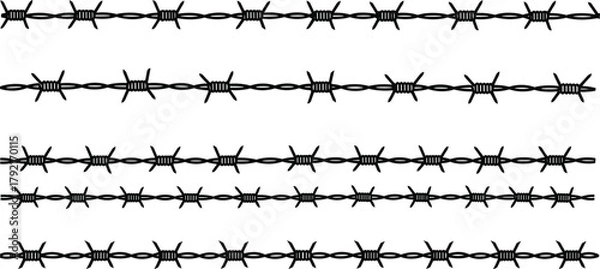 Fototapeta Barbed wire strands, twisted metal, sharp barbs, horizontal fencing, security barrier, steel wire, protection line, danger symbol, silhouette design