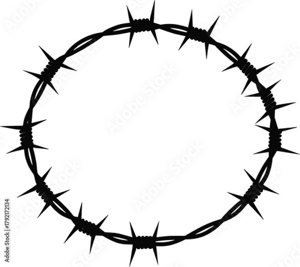 Fototapeta Circular barbed wire, sharp metal ring, twisted strands, security symbol, danger loop, protective barrier, black silhouette, confinement design, vector illustration