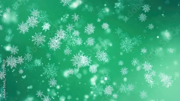 Obraz Abstract shimmering snowflakes falling gently against a soft glowing green gradient background for winter holidays