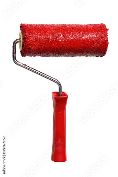 Obraz Red paint roller tool with handle; isolated against a black backdrop
