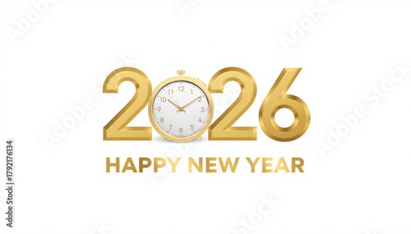Fototapeta Celebrate the arrival of 2026 with a stunning golden clock face and elegant "Happy New Year" message, perfect for festive greetings and event promotions