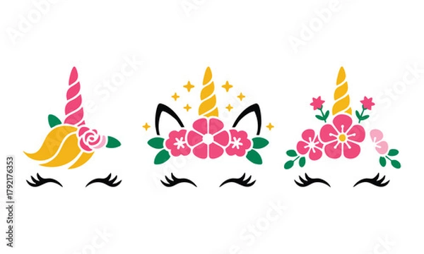 Obraz Set of Three Floral Unicorn Faces / SVG Design, Colorful Digital Cut File Design for Unicorns, Cute Fantasy Unicorn Faces with Horns and Eyelashes