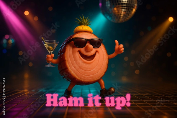 Fototapeta Cute 3D ham character dancing on a disco floor with neon text