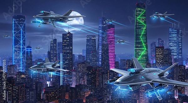 Fototapeta Futuristic cityscape at night with advanced aircraft flying between illuminated skyscrapers under a full moon.