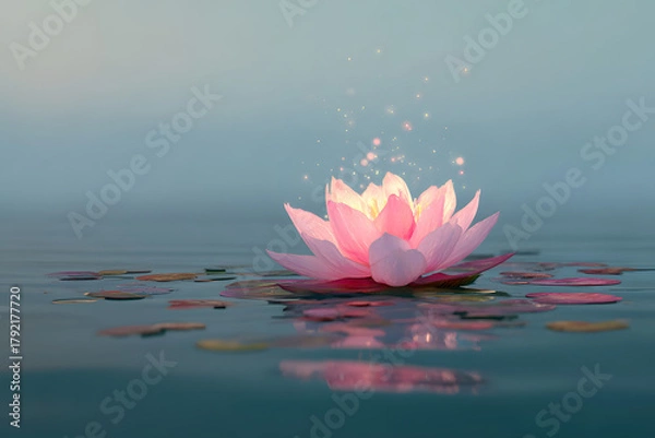 Fototapeta lotus flower glowing softly on calm water surface creating a serene symbolic scene of renewal and tranquility